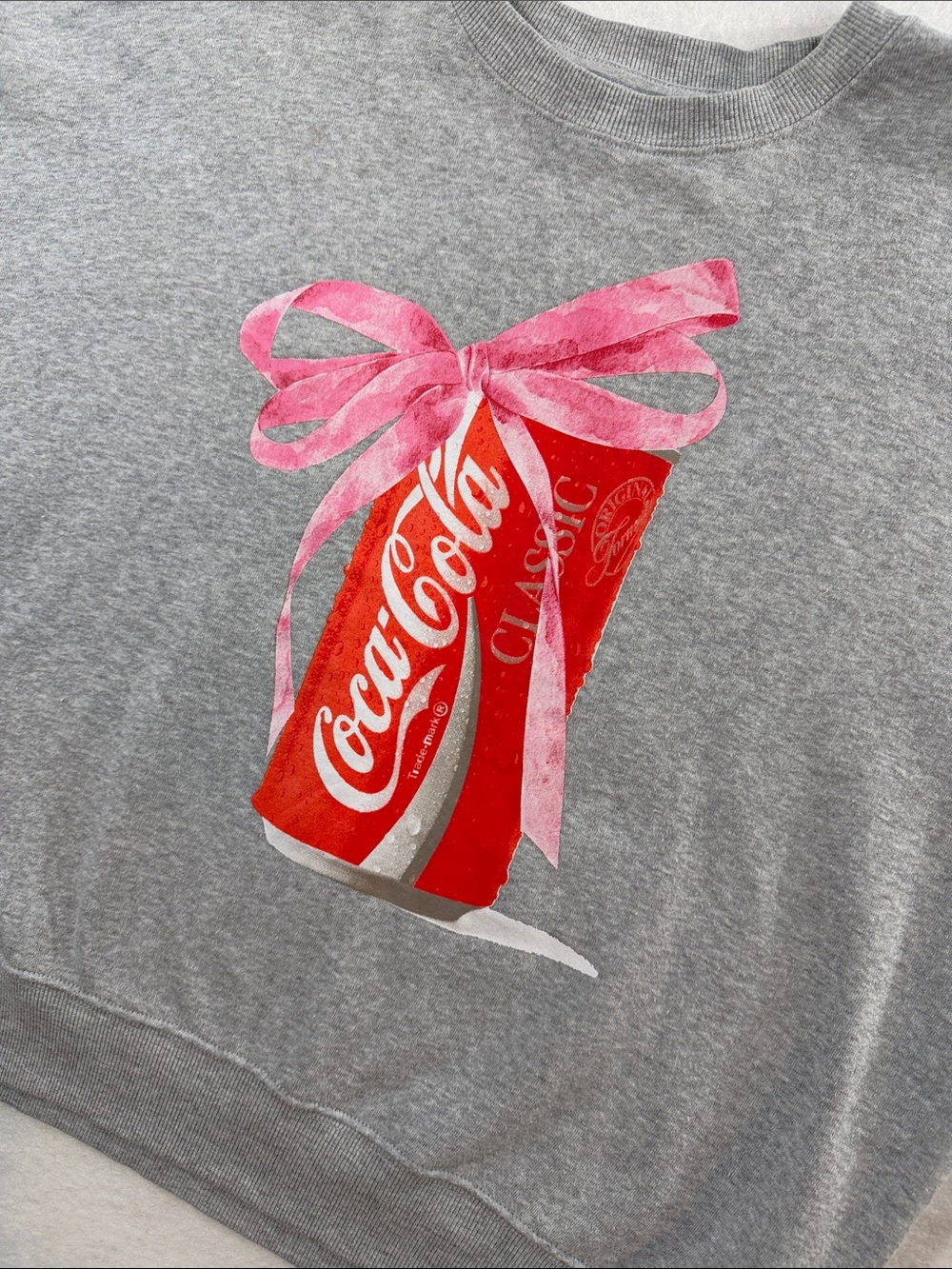 Coca Cola Gray Sweatshirt with Red Can and Pink Bow Graphic